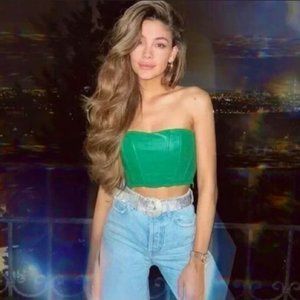 Zara Strapless Bustier Crop Top in Green Vegan Leather